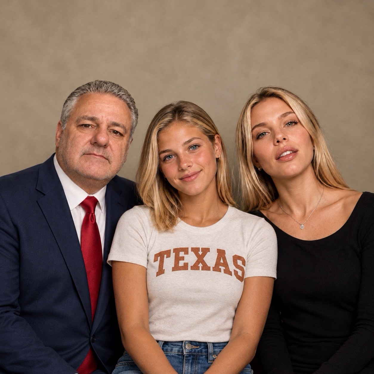 Three family members together: a man in a suit and tie flanked by two young women